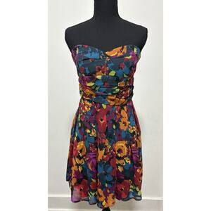 Forever 21 Strapless Floral Dress Women’s XS Blue Orange Purple Fit Flare Party